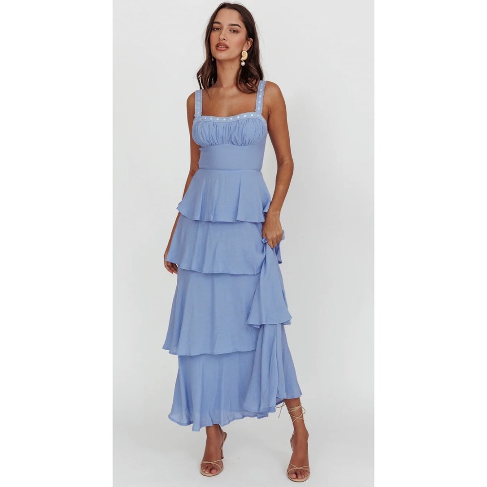 Mika & Gala NWT Provence Bloom Tiered Ruffle Maxi Dress Baby Blue Size S